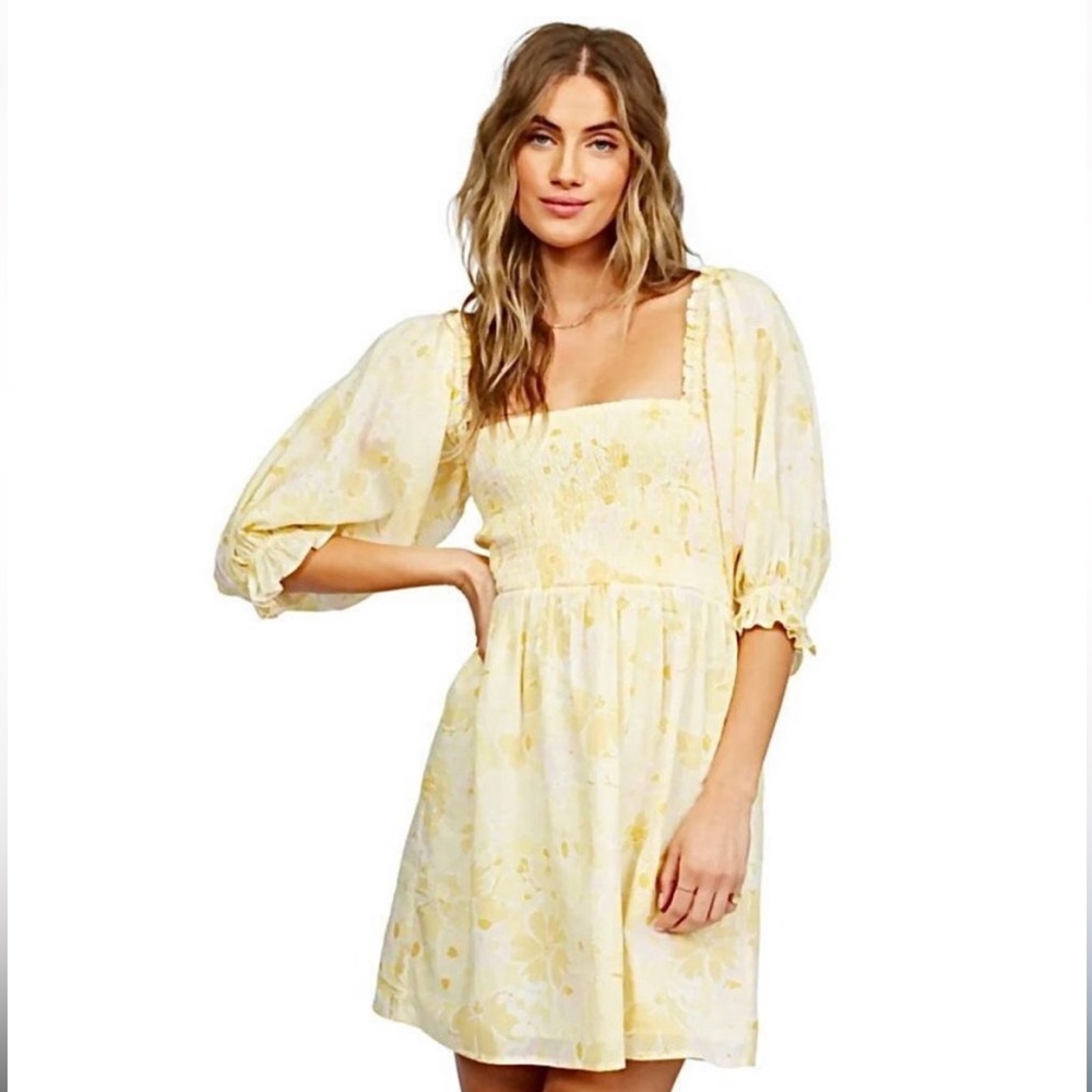 🌸 Billabong Small Smocked Printed Floral Puff Sleeve Mini Dress Spring Summer